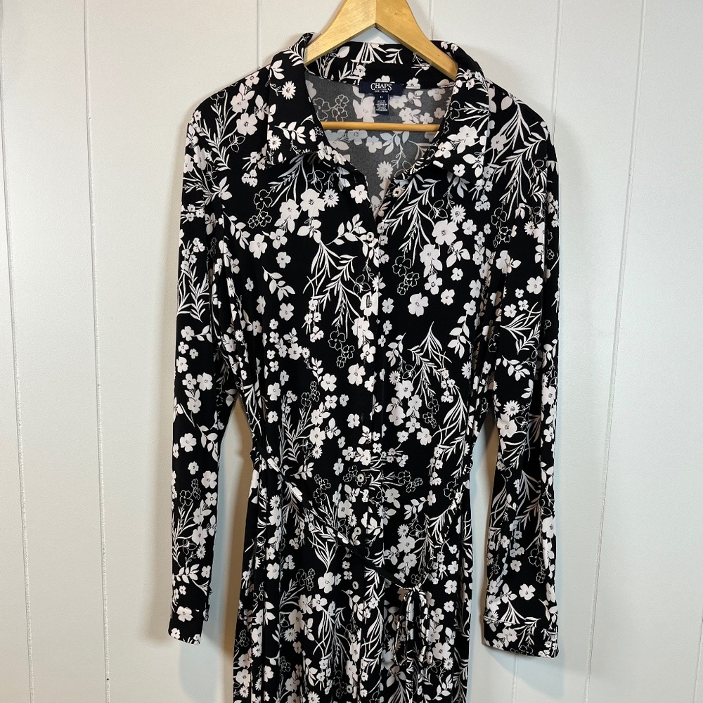 Chaps Women's Floral Long Sleeve Stretch Midi Button Down Shirt Dress Sz 14